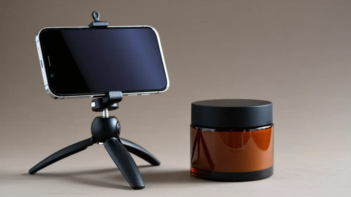 Phone on a mini tripod filming an unbranded cosmetic jar in studio light