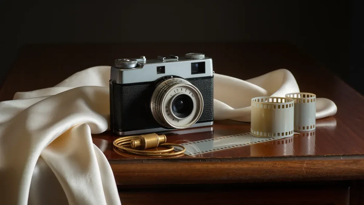 Vintage twin-lens studio camera beside blank film negatives and a draped silk on a dark table