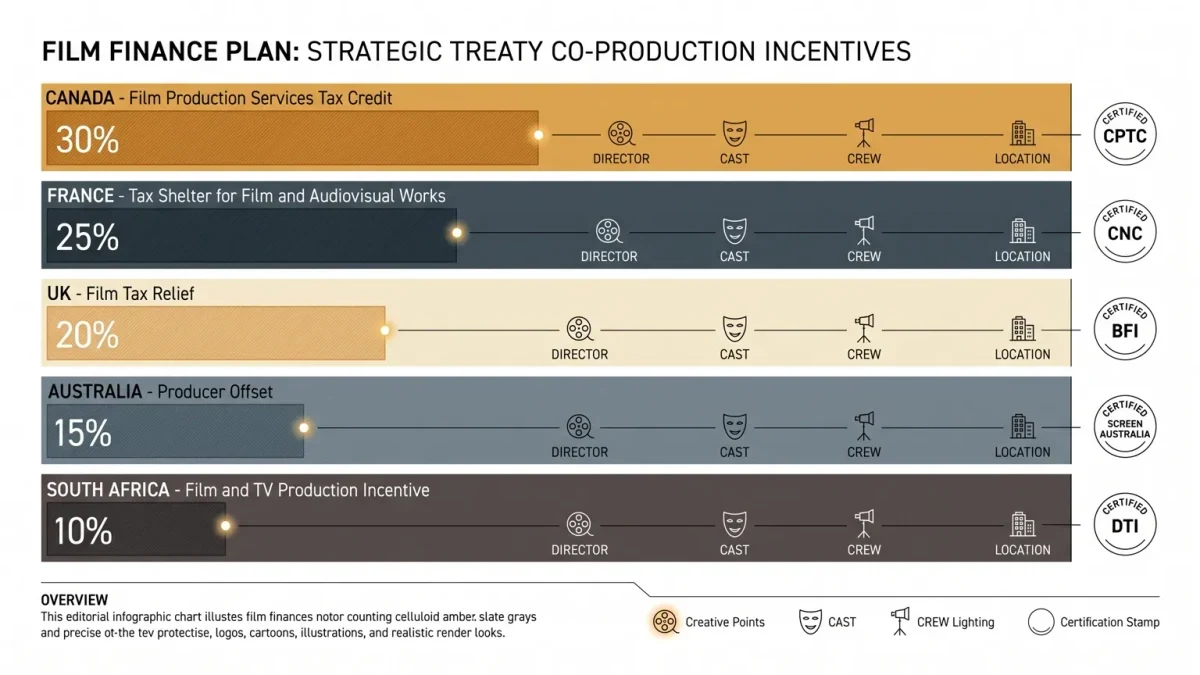 Infographic of stacked national incentives composing one film's finance plan