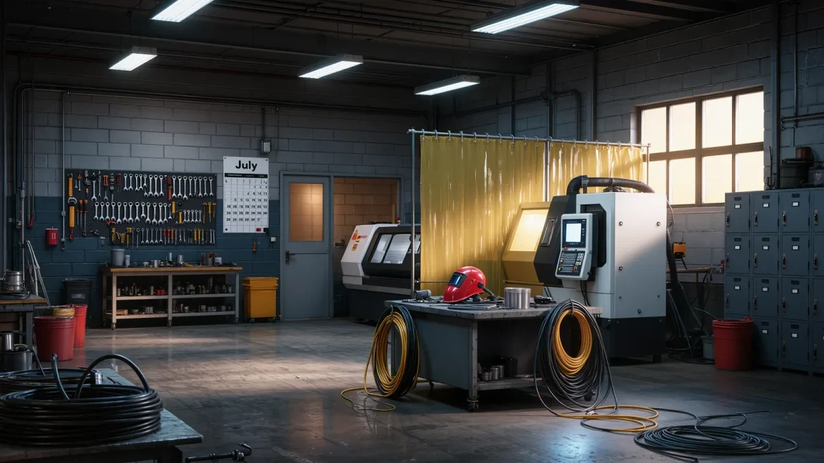 Welding training booth in an empty community college workshop