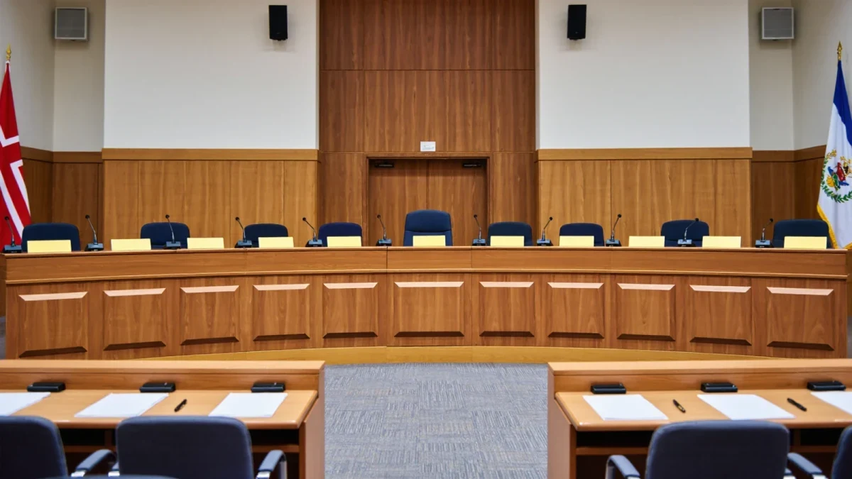 Empty hearing room with two agencies' nameplates removed