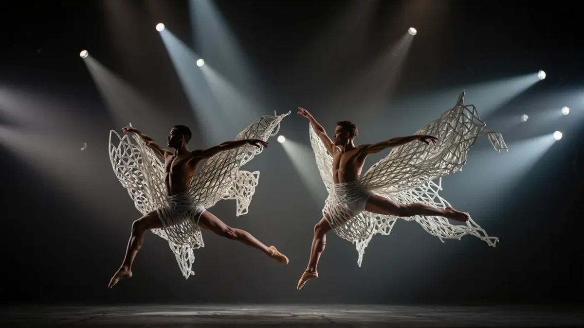 Dancers performing in sculptural translucent garments under stage light