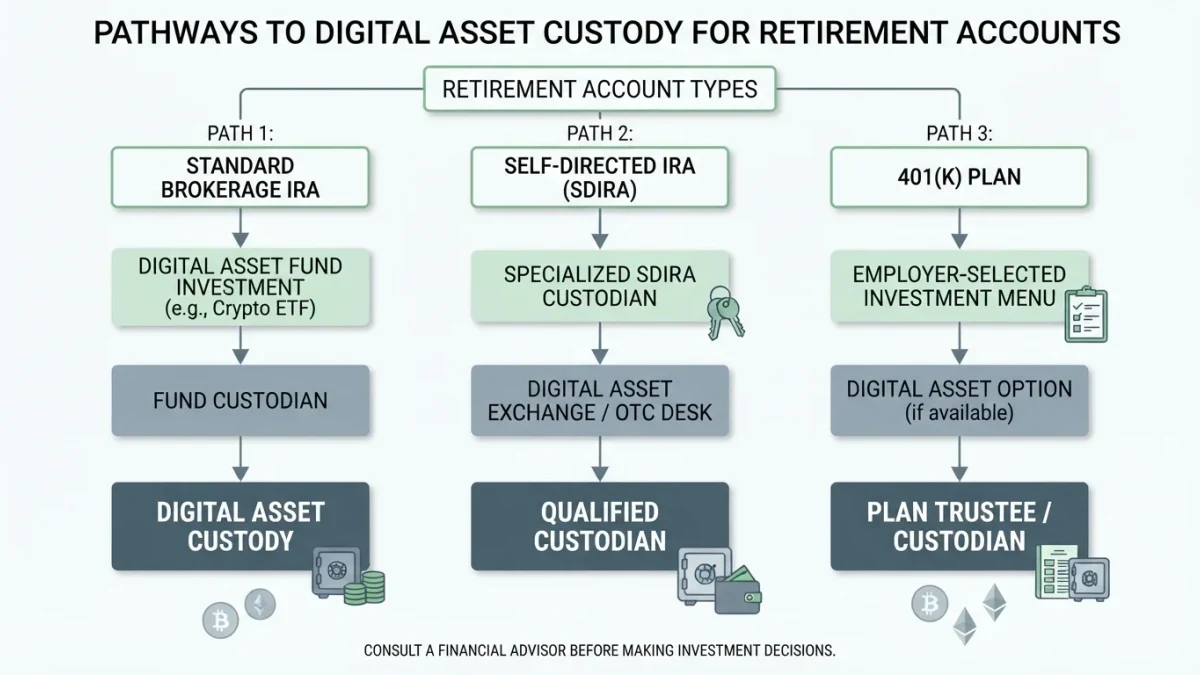 Diagram of three retirement account pathways to crypto custody