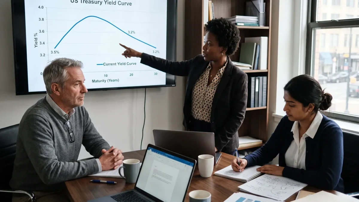Diverse finance team discussing a yield curve chart in a meeting room