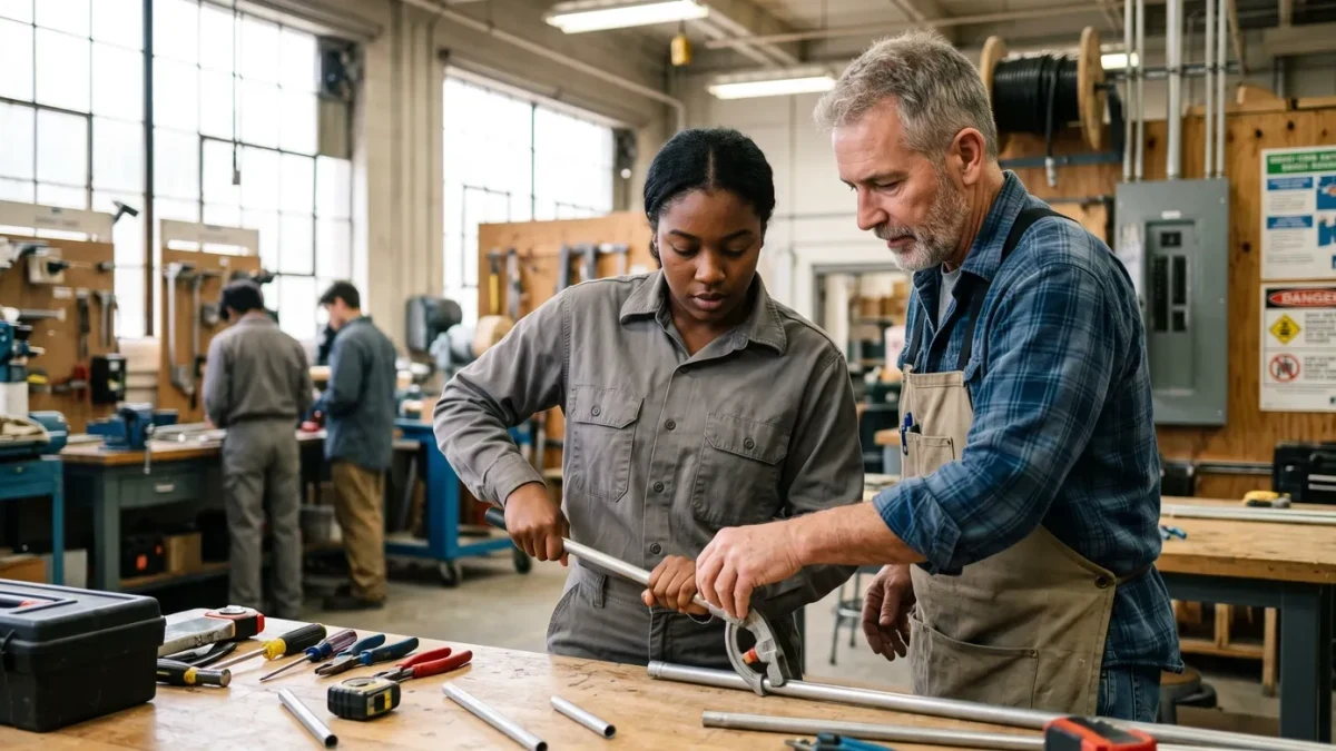 An apprentice guided by a journeyman electrician at a training wall