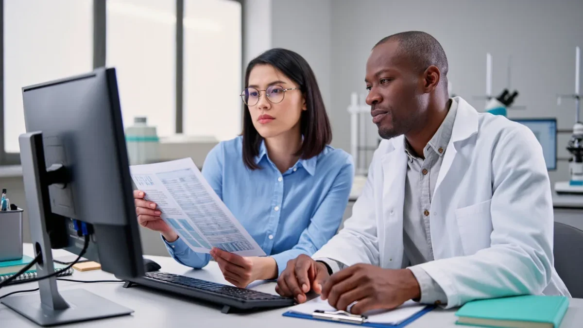 Two researchers comparing printouts while repeating an analysis