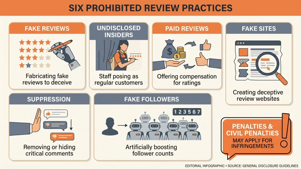 Infographic of prohibited review practices with penalty markers
