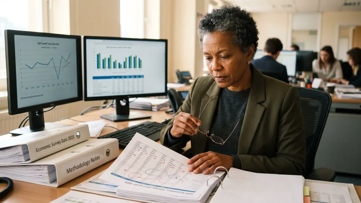 Economist checking revised GDP worksheets against source surveys