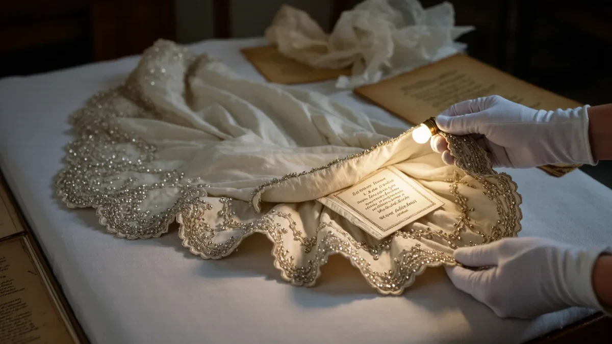 Archival gown details close up with gloves and documentation