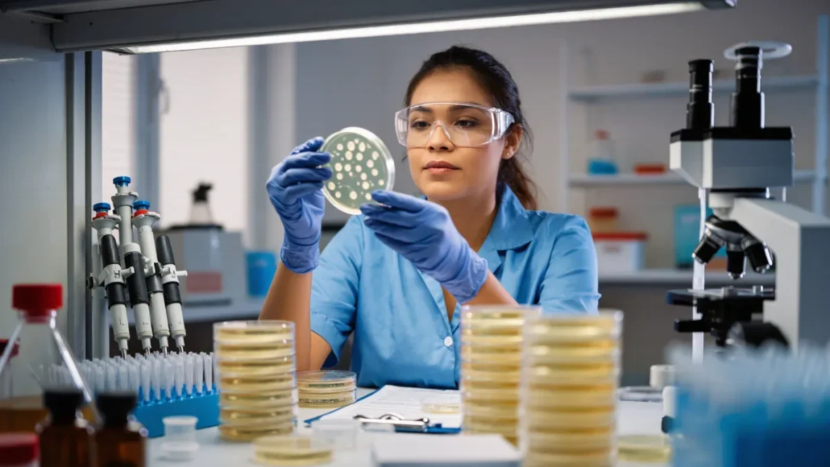 Microbiologist examining bacterial culture plates under laboratory safety cabinet light