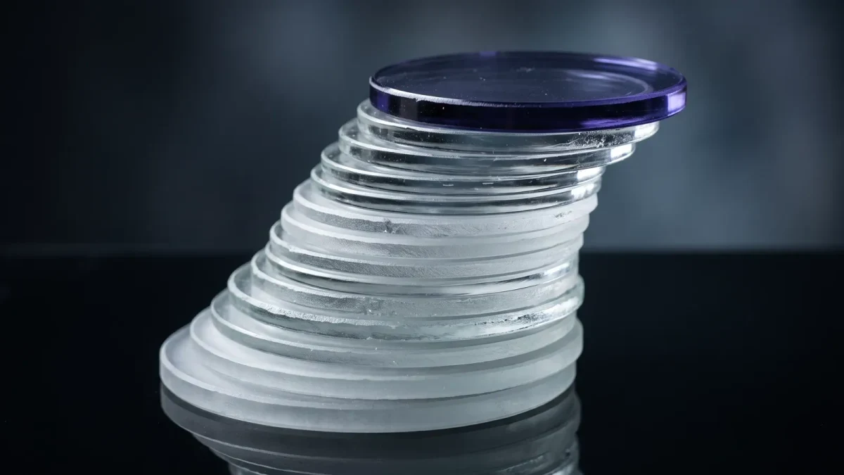Stack of glass discs rising in layers on a dark reflective surface