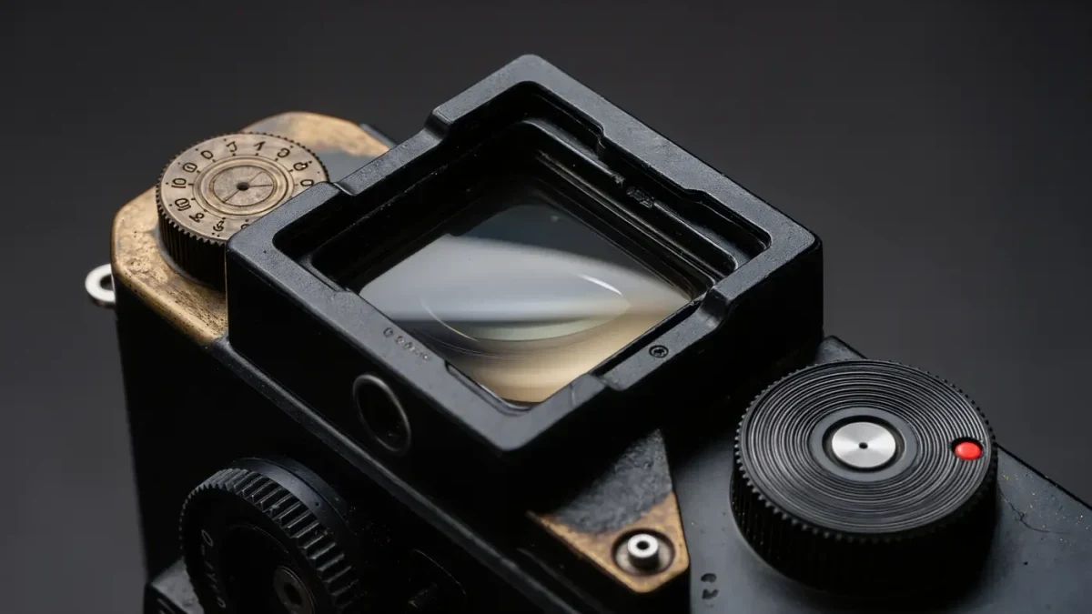 Macro view of a black rangefinder camera's viewfinder window and worn paint