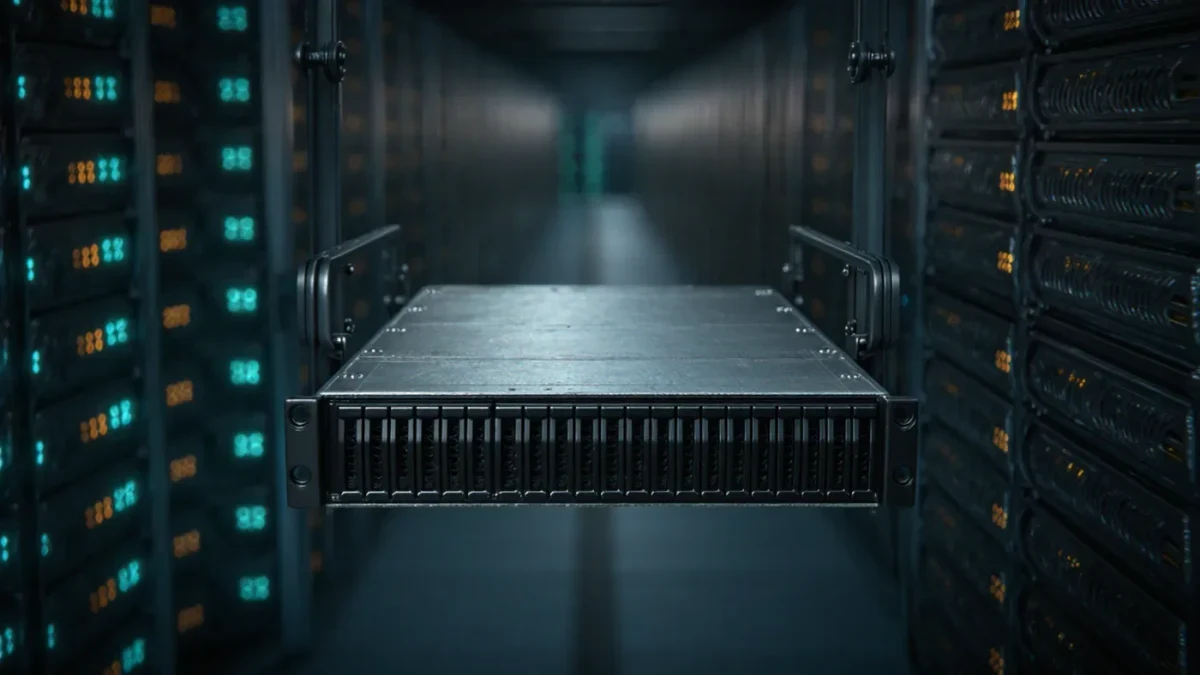 Glowing data-server racks in a repository hall at night