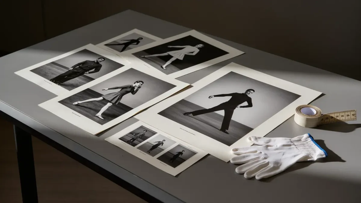 Black-and-white contact sheets and silver gelatin prints on a museum work table