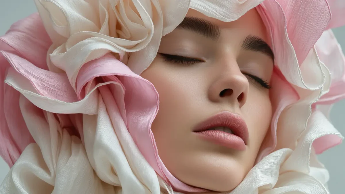 Close-up of sculptural fabric folds shaped like flower petals in soft light