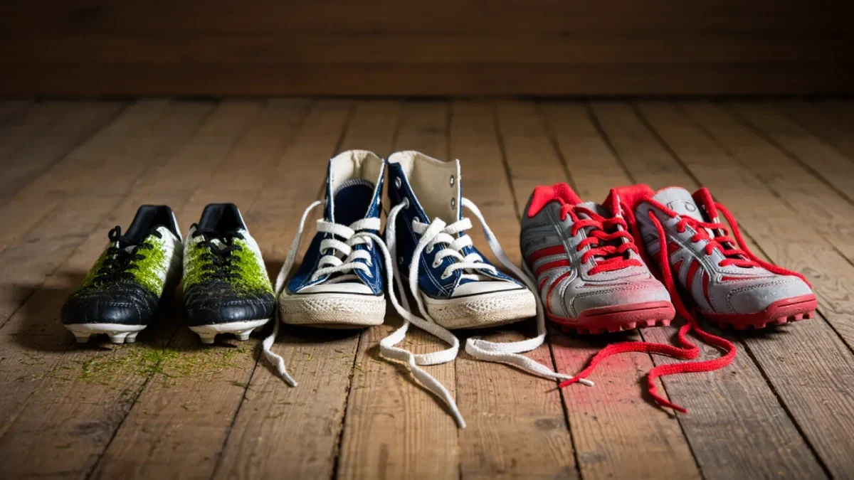 Three pairs of youth sports shoes for different sports together