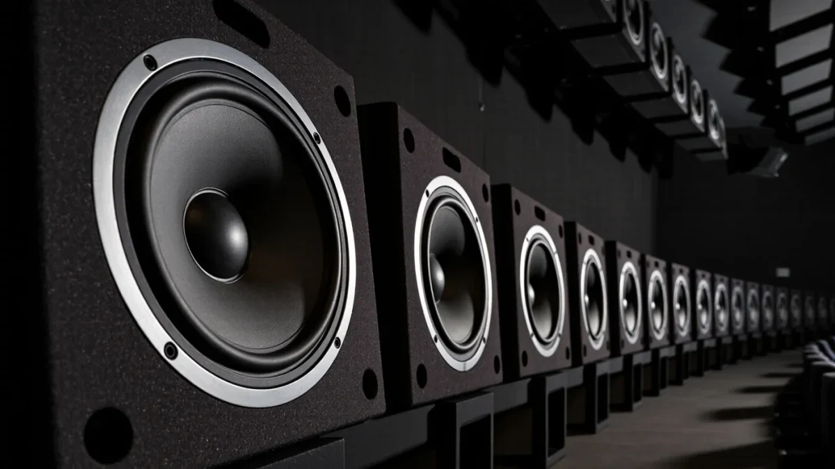 Cinema speaker arrays mounted on a theater wall and ceiling