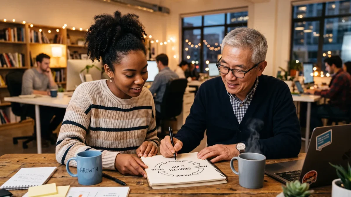 Two teammates sketching a circular loop diagram on paper