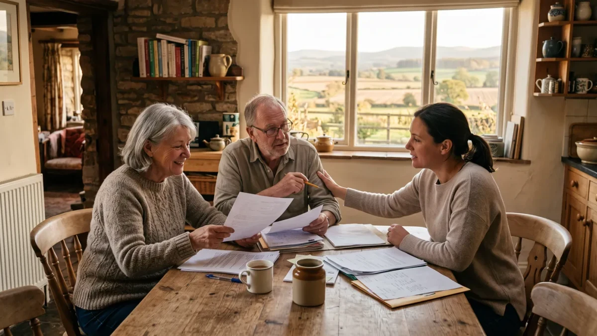 Family reviewing documents at a kitchen table with a farm out the window