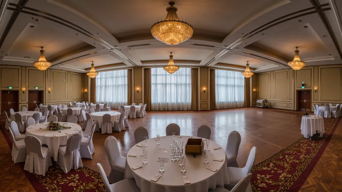 Empty ballroom at dawn with banquet tables cleared after a gala
