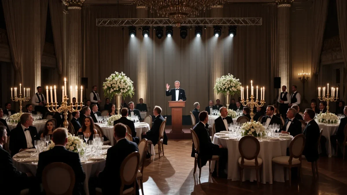 Gala host speaking at podium during a charity dinner