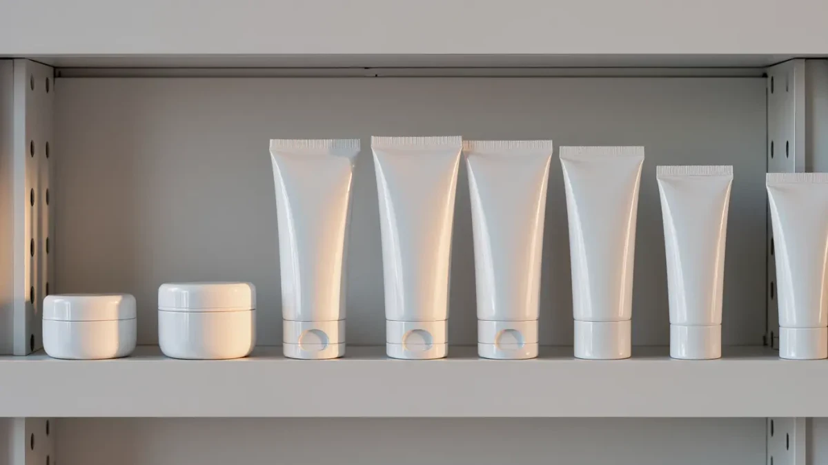 Quiet pharmacy shelf stocked with plain white skincare tubes under soft morning light