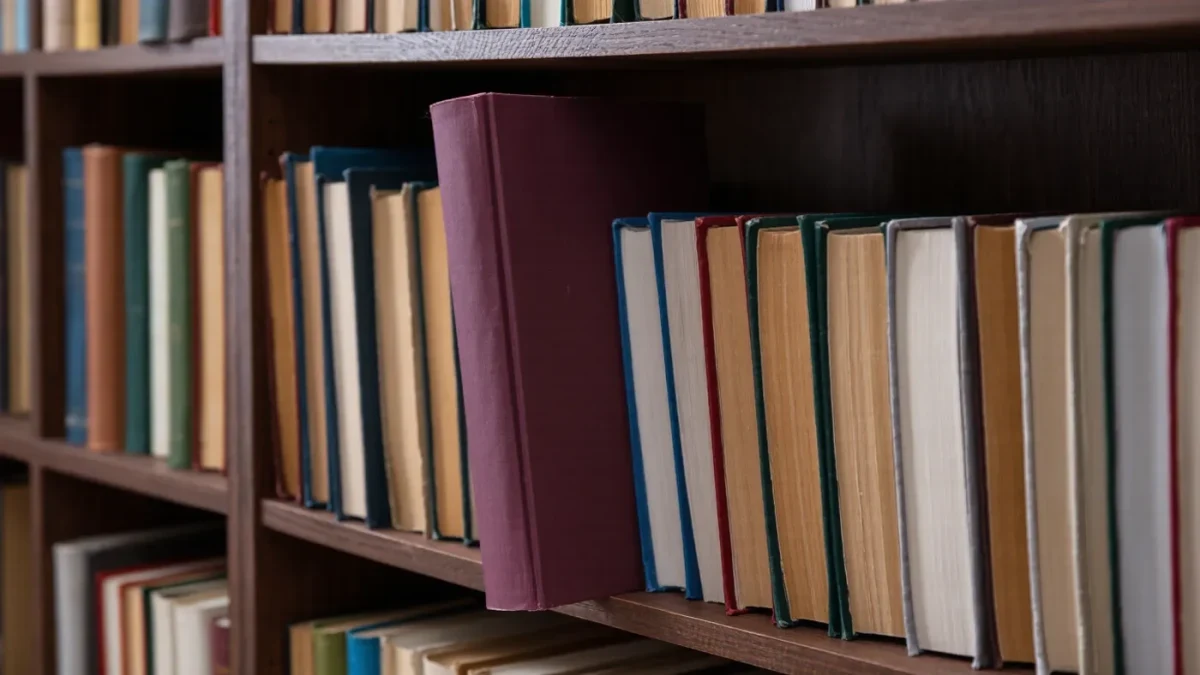 A library shelf of bound journal volumes with one volume pulled out