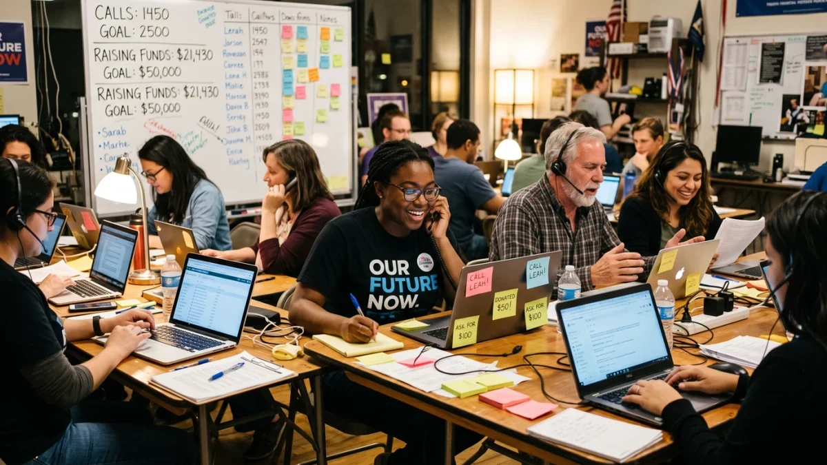Volunteers making fundraising phone calls in campaign office