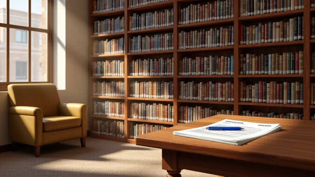 Library job-resources shelf with printed resume pages and empty reading table