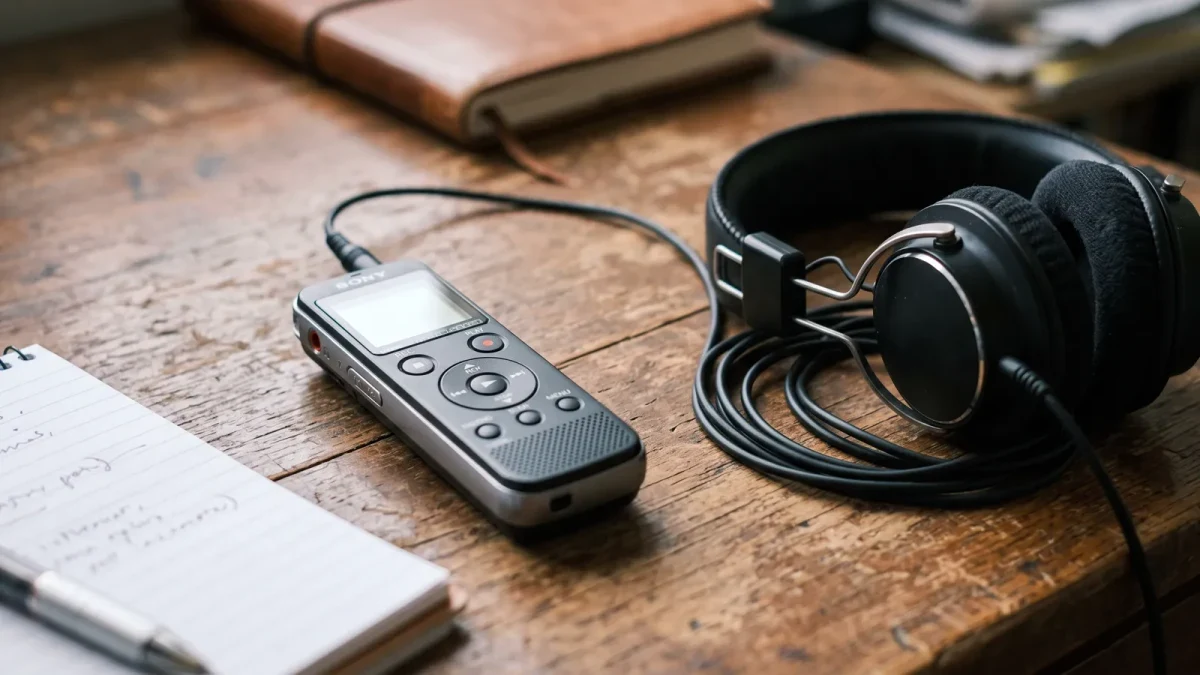 Close-up of a voice recorder beside headphones on a reporter's desk