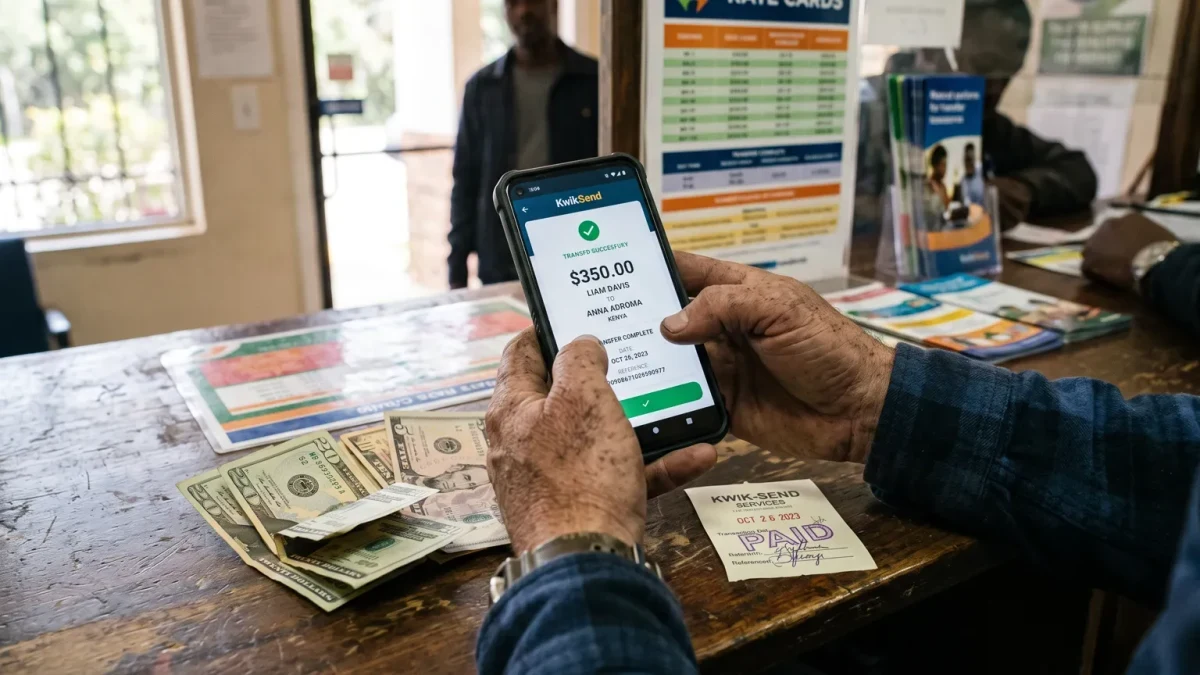 Worker using phone at a money-transfer kiosk, receipt and cash on counter