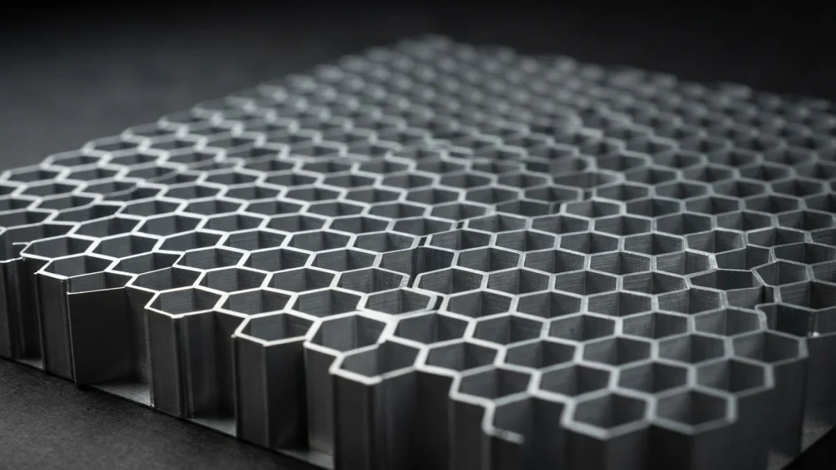 Macro close-up of a machined aluminum honeycomb lattice panel