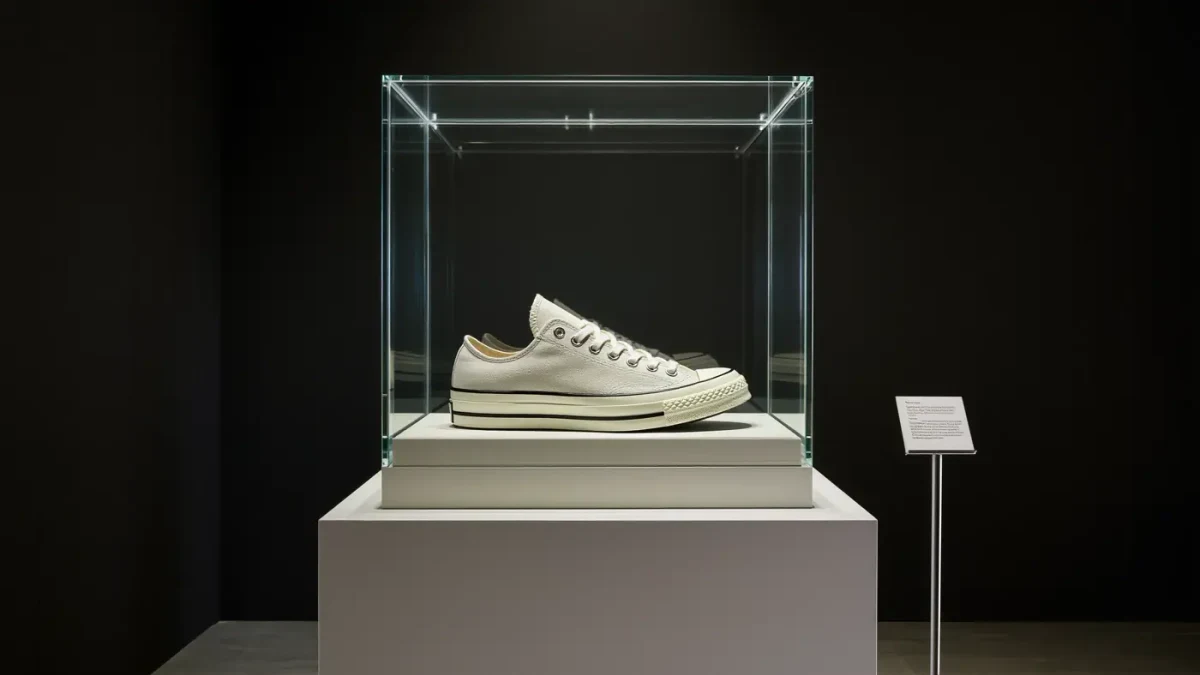 Single sneaker displayed alone in a glass museum vitrine with spotlights