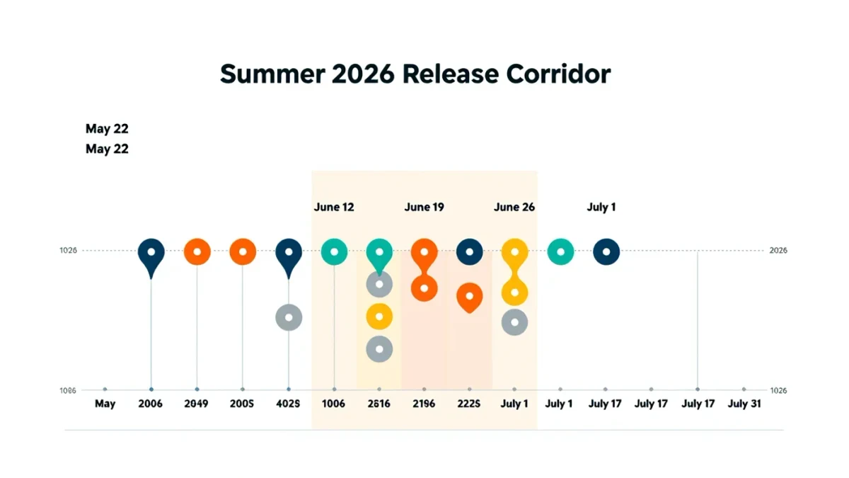 Timeline chart of summer 2026 tentpole release weekends by studio