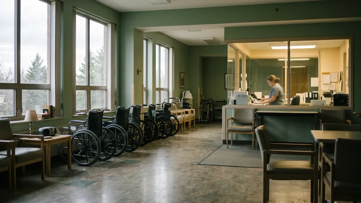 Empty nursing-home common room with wheelchairs and staff at the desk