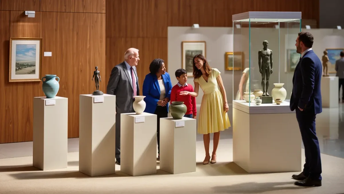 Visitors leaning in to examine ceramics and sculpture inside a fair booth