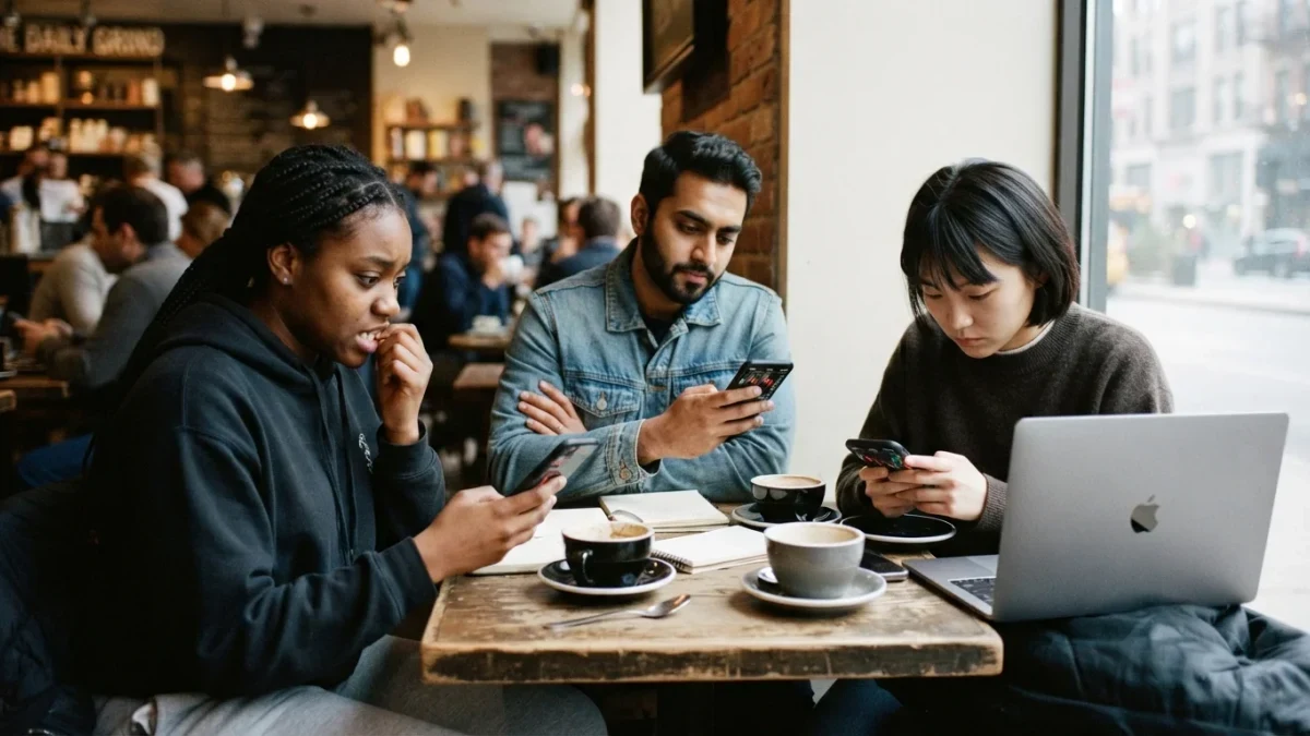Young adults checking trading apps at a cafe table