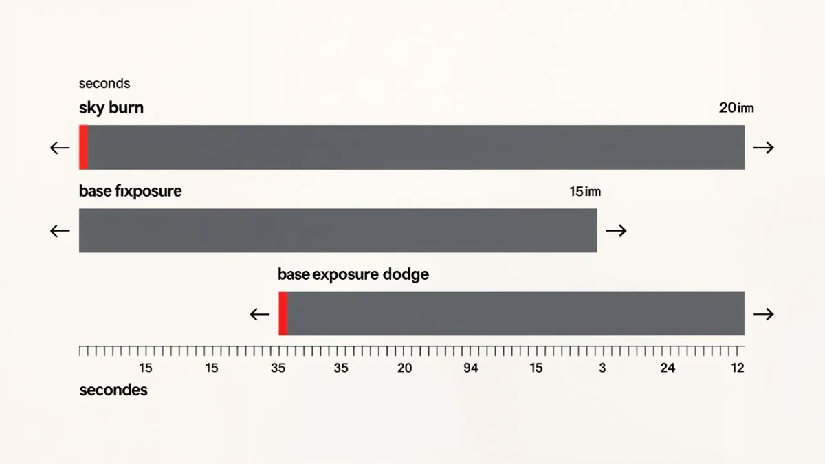 Infographic timeline of base, burn, and dodge exposure seconds