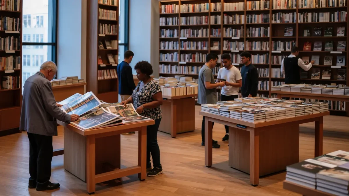 Museum bookshop visitors browsing stacks of large exhibition catalogues