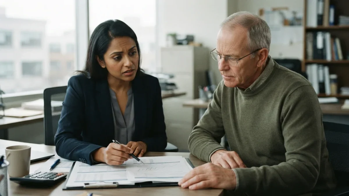 Financial advisor reviewing portfolio statement with retired client