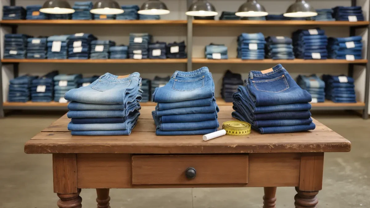 Denim shop bench with folded straight jeans stacked in three indigo shades, no people