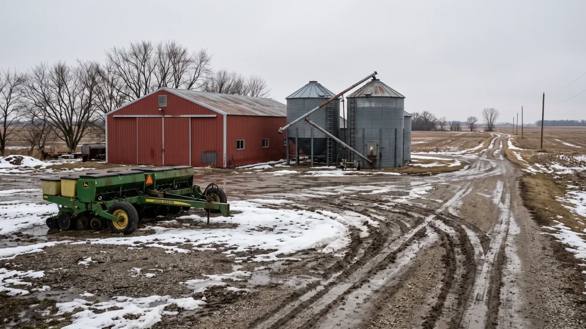 Winter farmstead with machine shed and grain bins