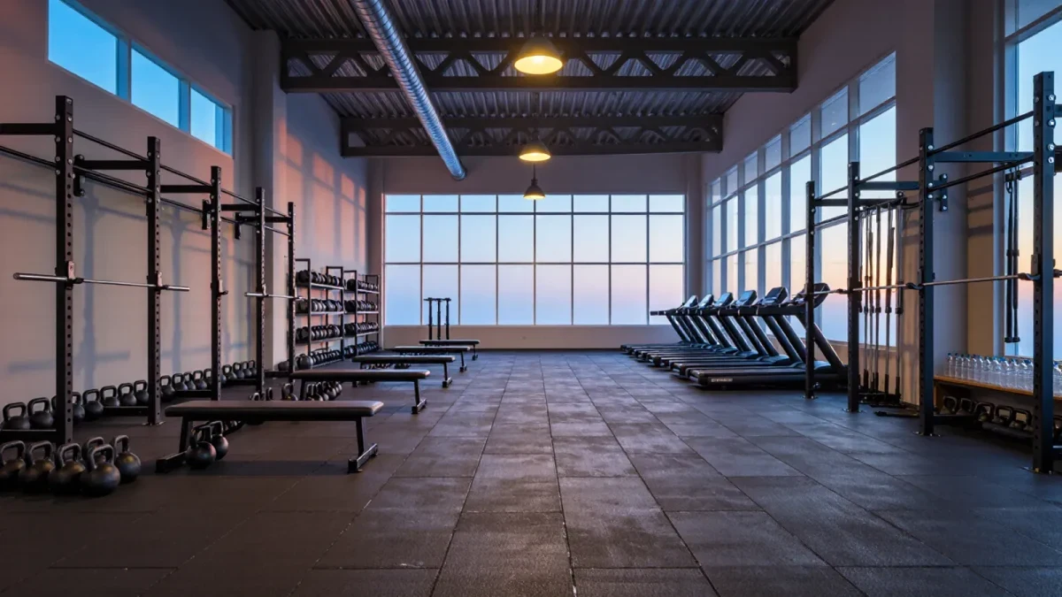 Empty professional training facility at dawn, equipment prepared for the day
