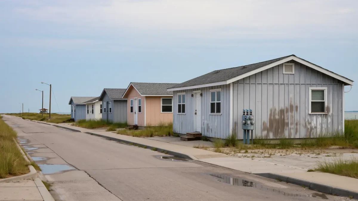 Street of low houses with a waterline stain marking past flooding