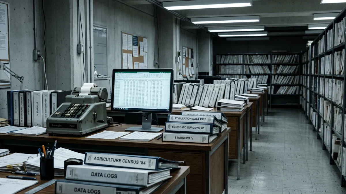 Government statistical office workroom with data binders and screens
