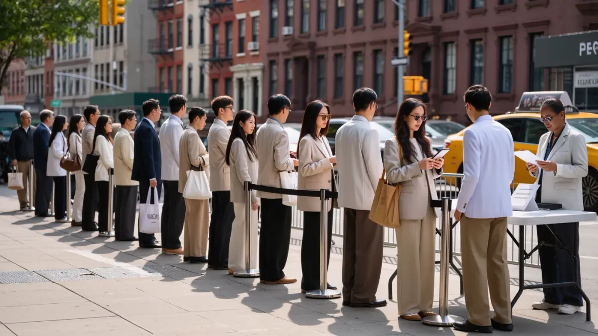 Editors and buyers outside a New York show venue checking schedules on phones