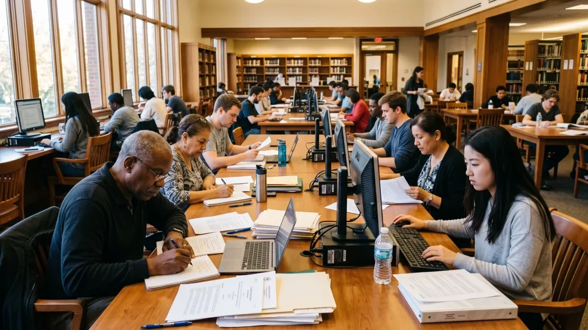 Citizens reading and drafting public comments at a library computer terminal