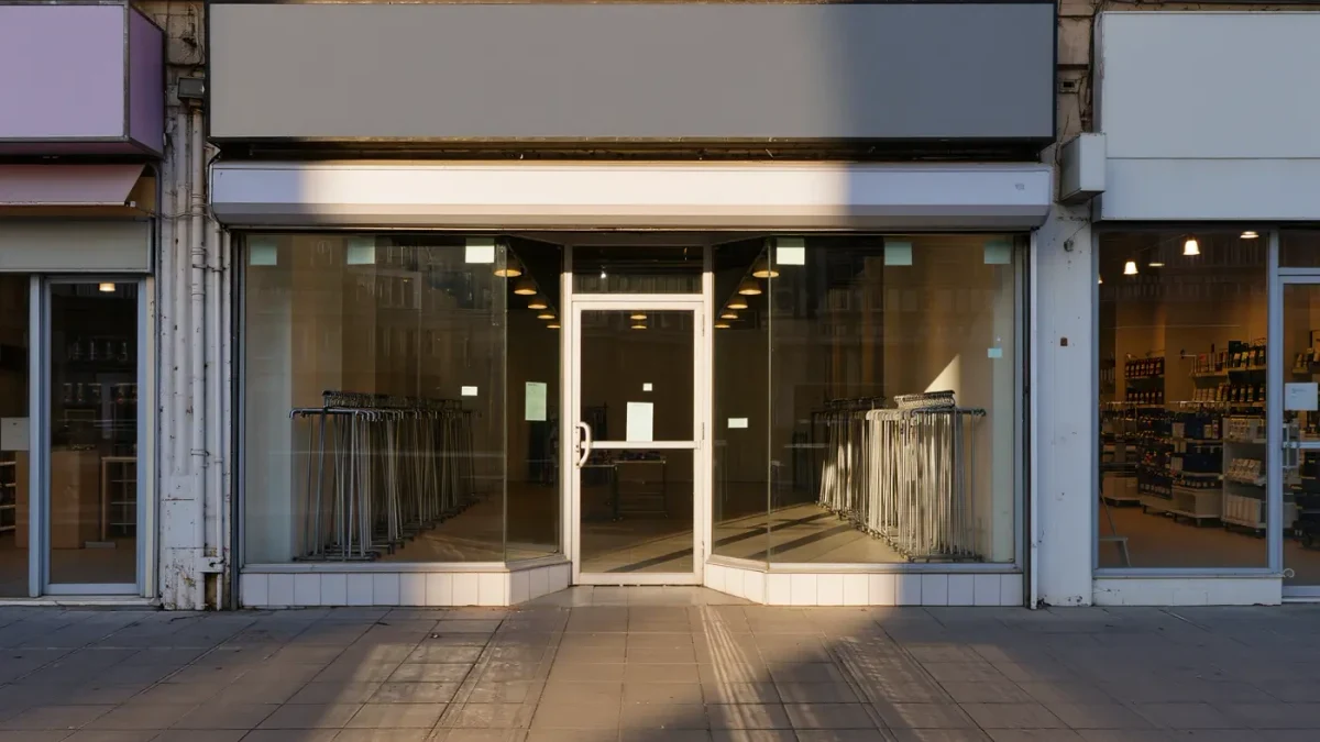 Shuttered clothing store storefront with empty racks behind glass