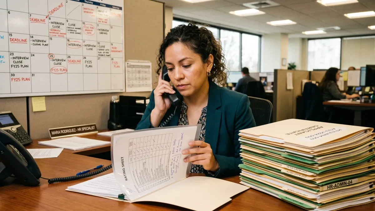HR specialist processing a stack of applicant certificates at a federal office