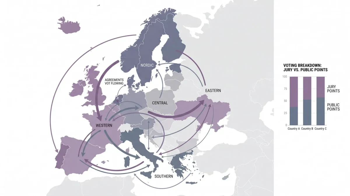 Chart mapping regional voting clusters across a stylized map of Europe